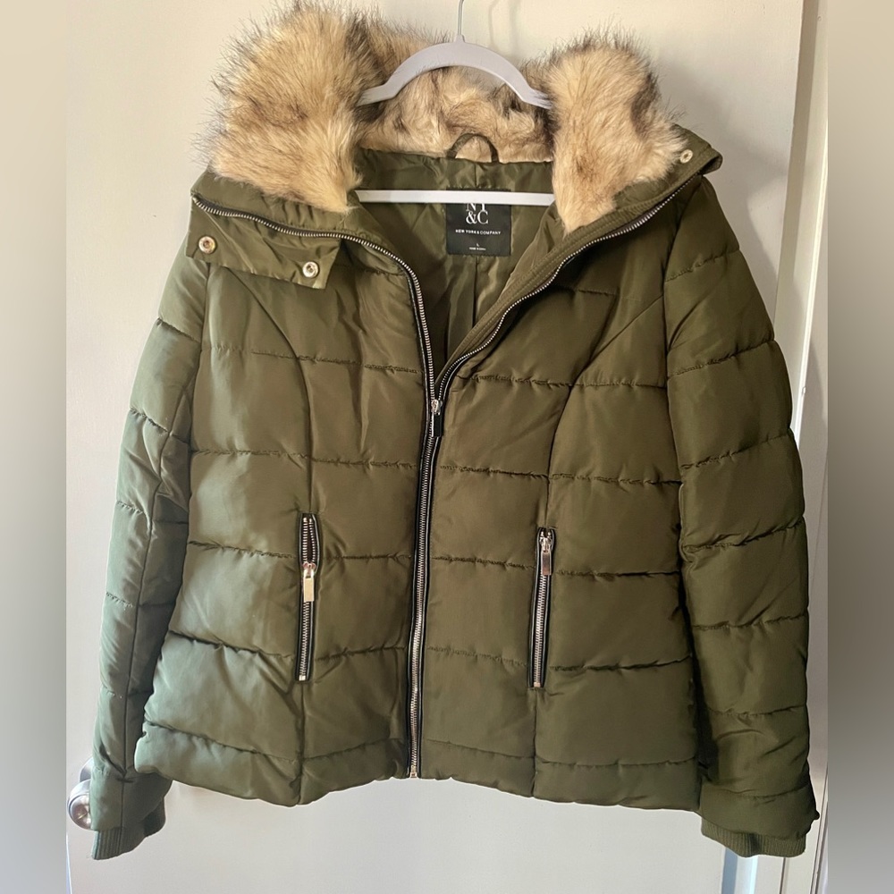 New York & Company Faux Fur Trim Hidden Hooded Jacket Large